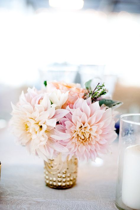 Gorgeous! So fresh and sweet... Something to consider for ceremony aisle decor to cocktail tables? Rehearsal Dinner Floral Arrangements, Dahlia Centerpiece, Dahlias Wedding, Favorite Flower, Aisle Decor, Centerpiece Ideas, Deco Floral, Flower Ideas, Ideal Wedding