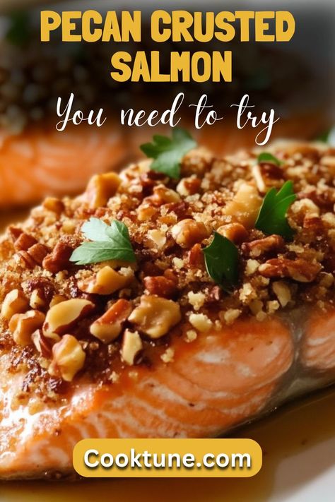 This Pecan Crusted Salmon recipe features tender salmon fillets topped with a deliciously crunchy pecan crust, enhanced by the tangy flavors of whole grain mustard and a hint of sweetness from maple syrup. It's a quick and nutritious meal that pairs wonderfully with fresh lemon wedges. Pecan Crusted Salmon Recipes, Pecan Salmon, Almond Crusted Salmon, Salmon Skillet, Pecan Crusted Salmon, Crusted Salmon Recipes, Whole Grain Mustard, Pecan Crust, Crusted Salmon