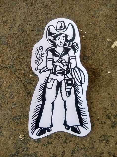 Tradition Cowboy Tattoo, Black And White Western Tattoos, Cowboy Flash Art, Old School Tattoo Cowboy, Traditional Americana Tattoo, Mens American Traditional Tattoos, Cowboy American Traditional Tattoo, American Traditional Patchwork Sleeve, Cowboy Traditional Tattoo