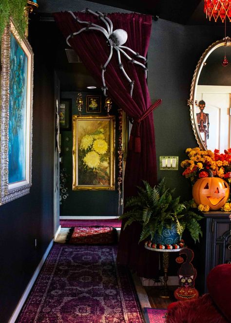 Bright Gothic Interior, Vintage Spooky Aesthetic Decor, Maximalist Halloween Decor, Whimsigothic Decor, Old Horror Movies, Whimsigothic Home, Magical Home Decor, Old Horror, Bold Eclectic