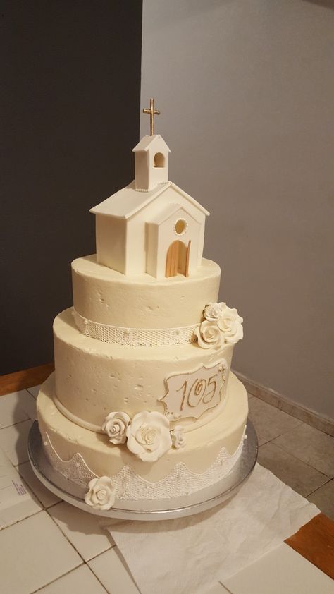 Church Anniversary Cake Church Cake Ideas, Church Anniversary Cake, Inauguration Cake, Cake Dowels, Bible Cake, Anniversary Cake Designs, Church Anniversary, Tiered Cake Design, Fondant Cake Designs