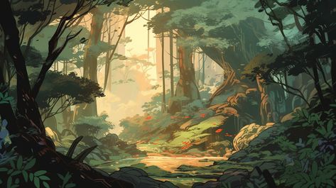 Forest Reference Drawing, Aesthetic Landscape Drawing, Forest Digital Illustration, Environment Concept Art Forest, Anime Forest Background, Environment Illustration Nature, Forest Background Reference, Forest Environment Concept Art, Environment Art Concept