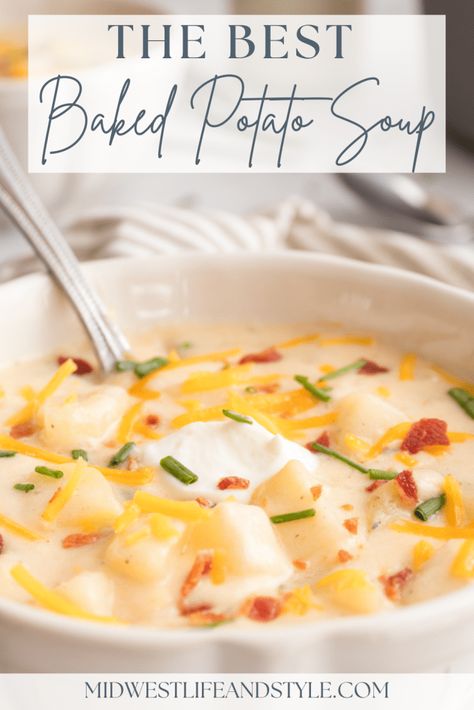 This recipe for thick and creamy baked potato soup is a Midwest classic and sure to become a family favorite! Thick Creamy Potato Soup, Thick Cheesy Potato Soup, Easiest Potato Soup Ever, Chunky Baked Potato Soup, Easiest Potato Soup, Chunky Potato Soup, Freezing Veggies, Soup Dishes, Vegetarian Crockpot Recipes