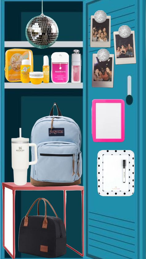 Student Locker Ideas, Cute Locker Decorations, Locker Essentials, School Locker Organization, College Backpack Essentials, School Locker Decorations, Middle School Lockers, High School Lockers, Small Lockers