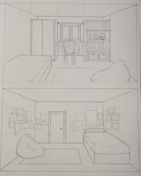 Interior Room Drawing, How To Draw Room Design, How To Draw A Living Room, Corner Of A Room Drawing, Rooms To Draw, How To Draw A Bedroom, Bedroom Sketch Drawings, Dream Room Drawing, Dorm Room Drawing