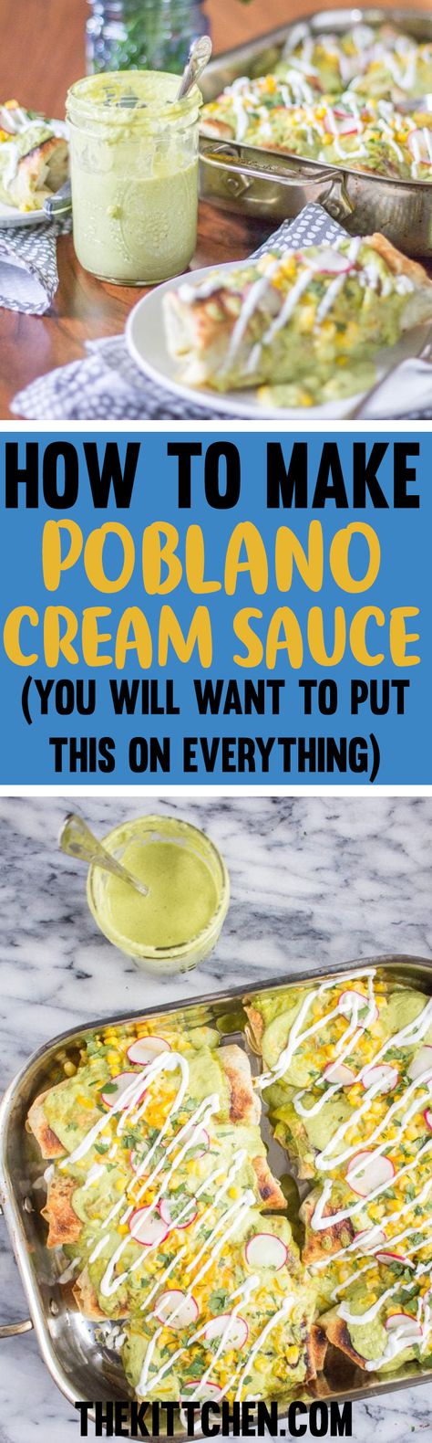 This Poblano Cream Sauce is so incredibly delicious that I am guilty of eating spoonfuls straight from the jar. This recipe for poblano cream sauce is smokey creamy and spicy. It isn't so spicy that it overwhelms other flavors, it just adds a little something extra. Poblano Recipes, Poblano Cream Sauce, Poblano Peppers Recipes, Poblano Sauce, Cream Sauce Recipe, Sauces Recipes, Keto Sauces, Chicken Sauce, Cream Sauce Recipes