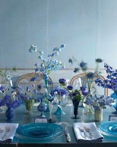 50 Great Wedding Centerpieces Wedding Table Settings Blue, Round Table Centerpieces, Modern Wedding Centerpieces, Blue Purple Wedding, Blue Table Settings, Vases Ideas, Blue Wedding Centerpieces, Blue Centerpieces, Wedding Floral Centerpieces