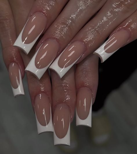 Super Long French Tip Nails, Medium Length French Tip Nails, French Nail Styles, French Square Nails, Neutral Nail Designs, Purple Acrylic Nails, French Tip Acrylic Nails, Casual Nails, Cute Acrylic Nail Designs