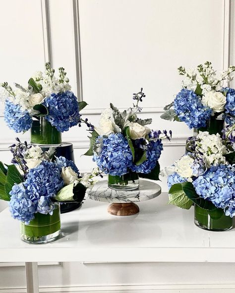 Hydrangeas for baby showers- on Thursd Hydrangea Baby Shower Ideas, Baby Shower Tablescapes, Symbolic Flowers, Blue Hydrangea Centerpieces, Hydrangea Garland, Navy Baby Showers, Blue Flower Arrangements, Hydrangea Flower Arrangements, Baby Shower Planner