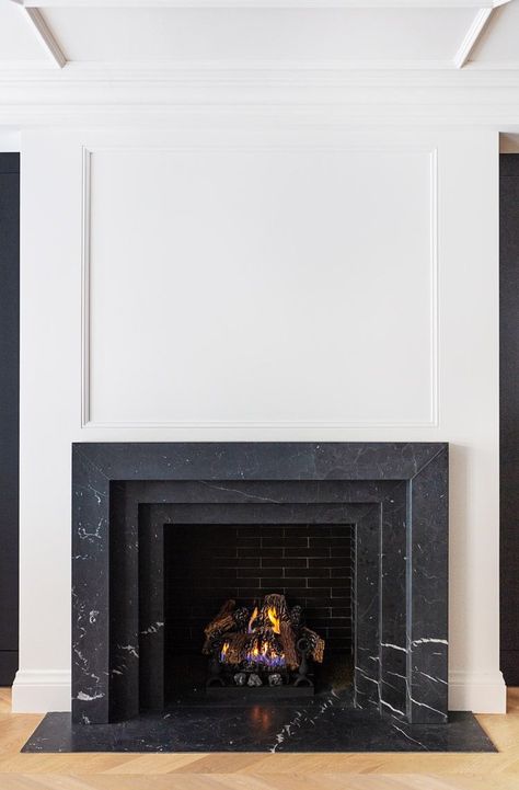 Black Fireplace Surround, Fireplace Mantel Designs, Marble Fireplace Surround, Mantel Design, Black Fireplace, Family Room Fireplace, Marble Fireplace, Bedroom Fireplace, Indoor Fireplace