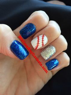 Baseball Manicure, Brewers Nails, Memorial Nails, Cubs Nails, Baseball Nail Designs, Red White And Blue Nails, White And Blue Nails, Baseball Nails, Sports Nails