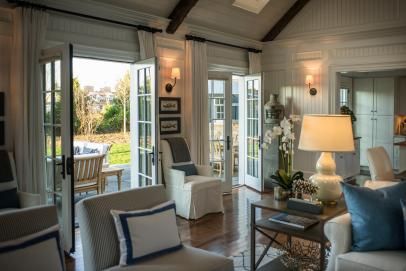 Open French Doors to Patio Cape Cod Home Interior, French Doors Living Room, 1920s Interior Design, Cape Cod Home, Hgtv Dream Homes, Craftsman Kitchen, Hgtv Dream Home, Coastal Interiors Design, French Doors Patio