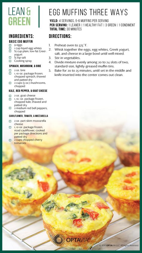 Egg Muffins Three Ways Optavia Lean And Green Recipes, Medifast Recipes, Optavia Lean And Green, Lean Protein Meals, Green Breakfast, Lean And Green, Lean Meals, Green Recipes, Lean And Green Meals