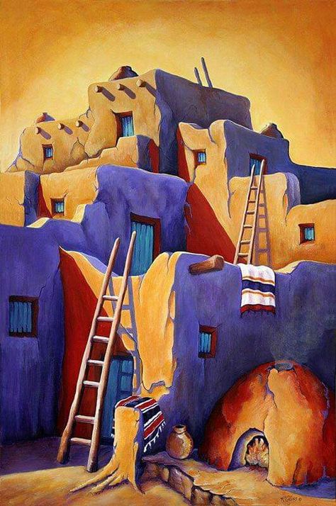 "Pueblo 4," Rose Collins. Adobe Paintings, Southwest Watercolor, Southwest Art Paintings, Watercolor Buildings, Adobe Houses, Adobe Homes, Taos Art, Roadtrip America, Taos Pueblo