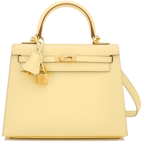 Pre-Owned Hermes  Jaune Poussin 25cm Sellier Epsom Kelly Yellow Gold... ($20,950) ❤ liked on Polyvore featuring bags, handbags, jaune poussin, evening purses, beige handbags, beige purse, pre owned handbag and jewel purse Hermes Purse, Beige Purse, Yellow Purse, Gold Evening Bag, Beige Purses, Yellow Purses, Gold Purse, Beige Handbags, Colorful Handbags