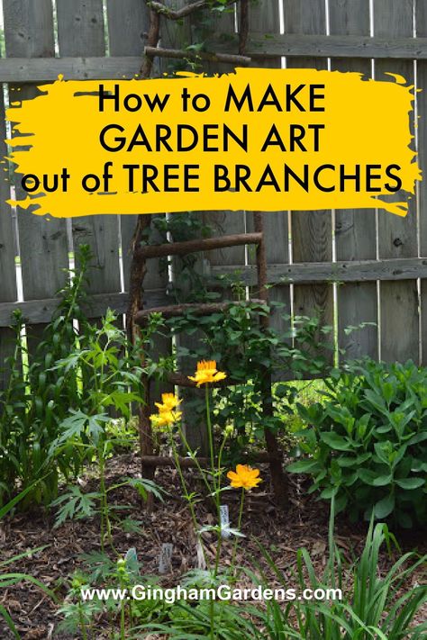 Add some creative touches to your flower gardens and outdoor spaces with our easy DIY ideas using tree branches. Using Branches In The Garden, Outdoor Tree Branch Ideas, Crafts With Branches, Trellis From Branches, Tree Limbs Decor Branches, How To Use Tree Branches Diy Projects, Twig Art Diy Tree Branches, Tree Limb Projects Diy Ideas, How To Grow A Tree From A Branch