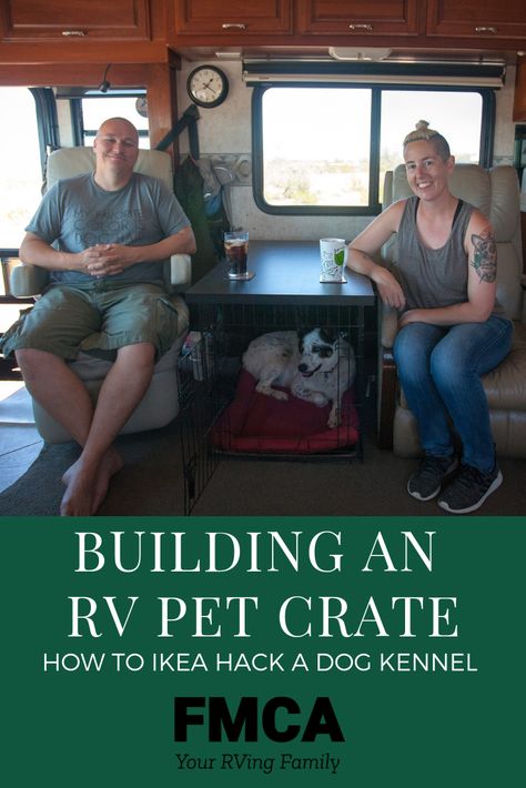 Camper Dog Bed Ideas, Dog Crates In Rv, Dog Friendly Rv Remodel, Rv Dog Crate Ideas, Rv Pet Ideas, Rv Dog Kennel Ideas, Rv Dog Kennel, Rving Ideas Rv Camping, Rv Dog