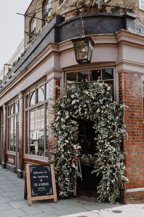 Dress For London, Brewery Wedding Reception, Pub Wedding Reception, Chalkboard Welcome Sign, Chalkboard Welcome, Small Private Wedding, Pub Wedding, Floral Arch Wedding, Welcome Sign Wedding