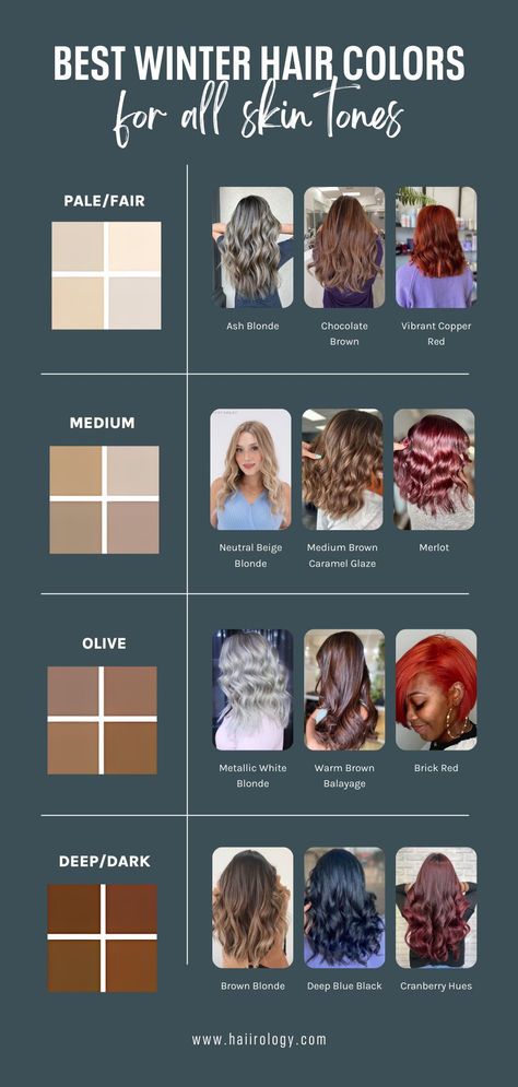 Hair Colors For Olive Toned Skin, Hair Colours That Suit Pale Skin, Soft Winter Hair Color, House Of Colour Winter Hair, Blonde Hair For Winter Skin Tone, Hair Dyes For Dark Skin, Ginger Hair For Cool Skin Tones, Cool Toned Hair Color Brunettes, Best Hair Colors For Neutral Skin Tones