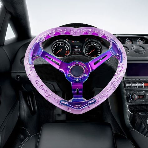 Purple Truck Aesthetic, Purple Car Accessories Girly, Car Mods Interior Purple, Cool Steering Wheels, Racing Car Design Ideas, Purple Car Decor, Car Steering Wheel Aesthetic, Purple Car Aesthetic, Purple Car Interior