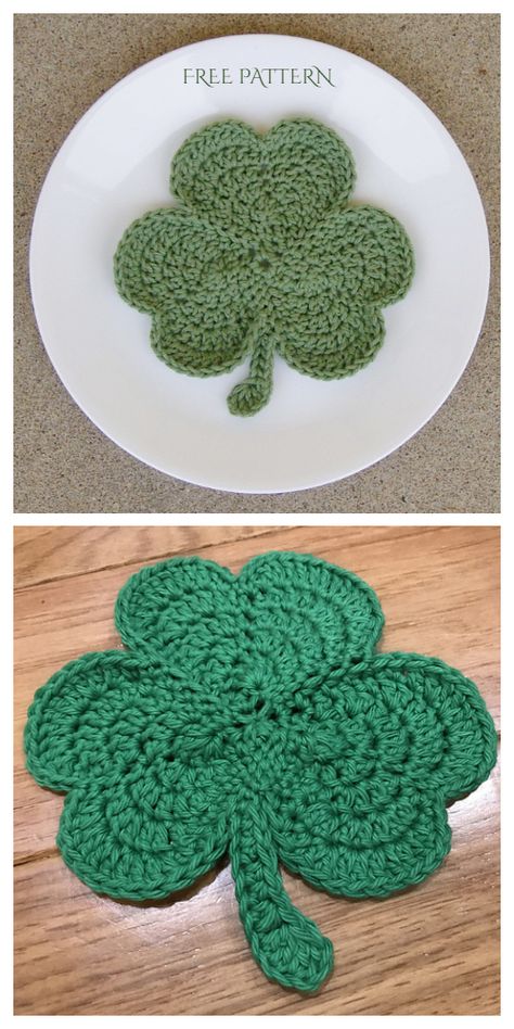 Spring Shamrock Coaster Free Crochet Patterns & Paid - DIY Magazine Crochet Spring Pot Holders, Free Shamrock Crochet Pattern, Shamrock Coasters Crochet, Crocheted Shamrocks Free, Crochet Shamrocks Free Patterns, Crochet Shamrock Coaster Free Pattern, Crochet Tea Coaster Free Pattern, Spring Crochet Coasters, Shamrock Crochet Pattern