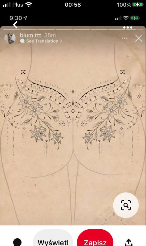 Womens Tattoos Sternum, Lower Back Tattoos Ornamental, Ornamental Waist Tattoo, Spiritual Stomach Tattoos, Lower Back Hip Tattoos, Ornamental Lower Back Tattoo, Ornamental Thigh Tattoo, Hippie Tattoos For Women, Ornamental Stomach Tattoo