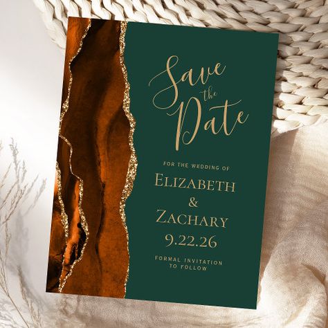 Agate Rust Gold Emerald Green Save The Date Announcement Postcard #zazzle #weddinginvitations #birthdayinvitations #babyshowerinvitations #zazzleinvitations #monogram #businesscards #graduation #homedecor Emerald Green Save The Date, Navy Blue Save The Date, Green Save The Date, Blue Save The Date, Burnt Orange Weddings, Elegant Modern Wedding, Unique Save The Dates, Emerald Green Weddings, Modern Save The Dates