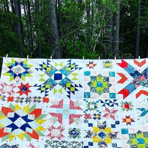 Barbara Opett Navarre Florida on Instagram: "My Barn Star Sampler Quilt Top is complete! I love it! My sons say it looks like Summer. I totally agree! Was such a Fun Quilt to make. #barnstarsamplerqal #barnstarsampler there’s so many Beautiful Quilts made and are being made, check out the hashtag for more inspiration. All the fabrics I used came from my stash and are @artgalleryfabrics #artgalleryfabrics The Quilt design is from The Barn Star Sampler book by @corasquilts #barnstarsamplerqal #barnstarsampler #sewwhatmakesyouhappy 🌸💕#spring2023" Navarre Florida, Sampler Quilt, What Makes You Happy, Art Gallery Fabrics, Star Quilt, Quilt Top, Beautiful Quilts, Quilt Making, Quilting Designs