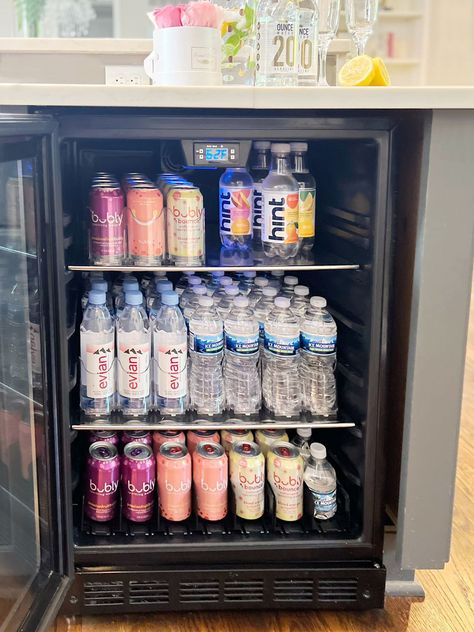 Drink Fridge Under Counter, Organized Drink Fridge, Mini Fridge Aesthetic Drinks, Stocked Drink Fridge, Mini Fridge Drink Organization, Drinks Mini Fridge, Small Fridge Aesthetic, Drink Fridge Ideas, Drinks Fridge In Kitchen