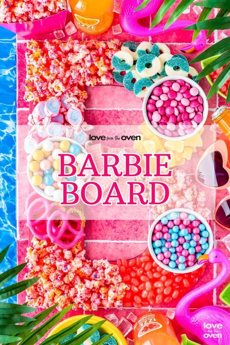 We were inspired by the new Barbie movie and absolutley had to make this Barbie Charcuterie Board to celebrate! Barbie Charcuterie, Barbie Charcuterie Board, Themed Snack Board, Miami Vice Party, The New Barbie Movie, Candy Charcuterie, Chocolate Covered Popcorn, Charcuterie Party, Nic Cage