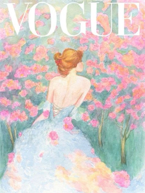 Vogue Painting Ideas, Vogue Covers Drawing, Watercolor Art Fashion Illustrations, Vintage Vogue Posters, Blue Vogue Covers, Vogue Aesthetic Poster, Pinboard Ideas Aesthetic, Posters Vogue, Vogue Watercolor