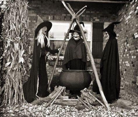 Diy Halloween Witch Hut, Outdoor Witch Theme Decor, Witch Lawn Decorations Diy, Halloween Witch Yard Displays, Halloween Witch Display Ideas, Witches Coven Halloween, Witches Around Cauldron Diy, Outdoor Halloween Witch Display, Three Witches Yard Decor Diy