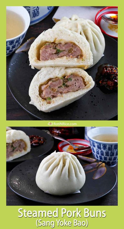 Soft, fluffy Steamed Pork Buns (Sang Yoke Bao) filled with ground pork and braised preserved mustard. Delicious served with chili crisp. | RotiNRice.com #steamedporkbuns #sangyokebao Ground Pork Bao Buns, Steamed Bao Buns Filling, Bbq Pork Bao Buns, Pork Buns Steamed Dough Recipe, Chinese Pork Buns Steamed, Steamed Pork Buns, Bao Buns, Char Siu, Pork Buns