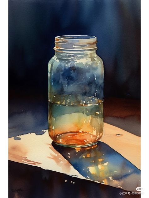 Glass Jar Watercolor, Glass Watercolor Painting, Water Droplet Painting, Glass Watercolor, Watercolor Light, Watercolor Still Life Paintings, Watercolour Still Life, Watercolor Still Life, Watercolor Transparency