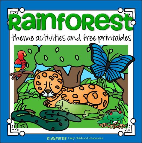 Rainforest theme activities and printables for Preschool, Pre-K and Kindergarten - KIDSPARKZ Rainforest Unit Kindergarten, Rainforest Lessons, Rainforest Activities For Kids, Preschool Rainforest, Rainforest Preschool, Preschool Monthly Themes, Curriculum Themes, Rainforest Classroom, Rainforest Crafts