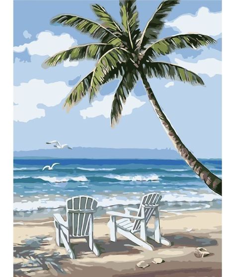 PRICES MAY VARY. ✅【Product Includes】This large Paint by Numbers for Adults Kit includes 31 pieces. The canvas is premium, durable, pre-printed, and textured (no frame) that is 16 X 20 inches, including the 1-inch border on each side. The canvas comes in a premium giftable box, 3 different-sized high quality paintbrushes, including brushes for fine details, 22 pigmented acrylic paint colors + extra paint for peace of mind, and 2 hooks to hang the canvas. ✅【Easy-to-use】Sunny Beach Palm Tree DIY pa Colorful Outdoor Furniture, Beach Design, Paint By Numbers, Beach Painting, On Beach, Paint By Number Kits, Canvas Wall Decor, Large Painting, Diy Arts And Crafts