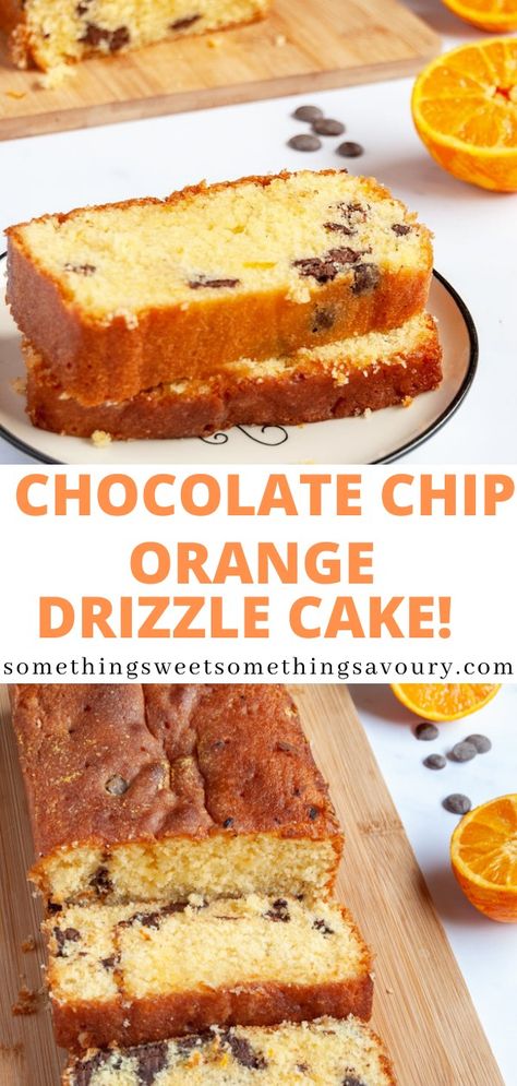 Orange Cake With Chocolate Chips, Orange Chocolate Chip Cake, Orange Drizzle Cake Recipes, Chocolate Orange Loaf, Orange And Chocolate Dessert, Orange Chocolate Recipes, Orange And Chocolate Cake, Orange Baking Recipes, Orange Chocolate Cake Recipe