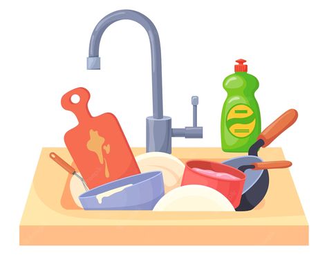 Kitchen Sink Illustration, Washing Dishes Aesthetic, Dirty Dishes In Sink, Dishes In Sink, Utensils Drawing, Sink Drawing, Kitchen Cartoon, Couple Comics, Wallpaper Natal