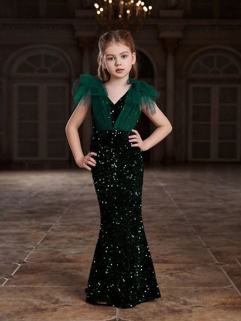 Tween Girl's Sequined Mermaid Party Dress With Mesh Insert Dark Green Party  Sleeveless Sequins Colorblock,All Over Print Bodycon Slight Stretch All Tween Girls Clothing, size features are:Bust: ,Length: ,Sleeve Length: Princess Dresses Kids Birthday Parties, Mermaid Tulle Dress, Party Wear Western Dresses, Kids Dress Collection, Wedding Dresses For Kids, Dress Anak, Wedding Dress Sequin, Stylish Short Dresses, Sequin Wedding