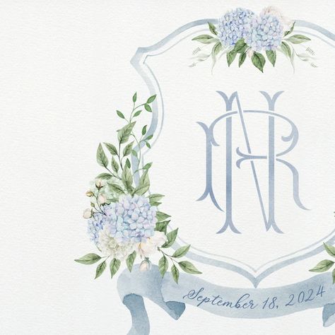 Blue and White Hydrangea Wedding Crest Monogram Crest - Etsy Blue And White Wedding Crest, Blue And White Hydrangea Wedding, Crest Outline, Blue And White Hydrangea, Monogram Inspiration, White Hydrangea Wedding, Wedding Crest Monogram, Monogram Stationary, Blue And White Roses