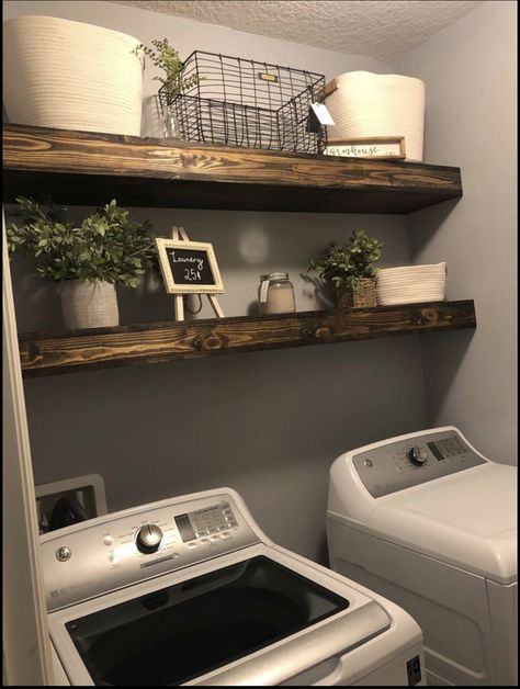 Small Laundry Room Floating Shelves, Laundry Room Floating Shelves Decor, Shelves Above Laundry, Laundry Room Wood Shelves, Laundry Room With Floating Shelves, Floating Shelves In Laundry Room, Laundry Room Floating Shelf, Laundry Shelf Over Washer, Laundry Shelf Decor