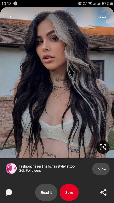 Color Block Black And White Hair, Dark Hair Grey Streak, Black With Grey Underneath Hair, Gray Tips Hair, Edgy Dark Hair Color Ideas, Dark Hair With Pops Of Blonde, Grey Streak In Hair, Black Hair With Platinum Peekaboos, Black And Blonde Contrast Hair