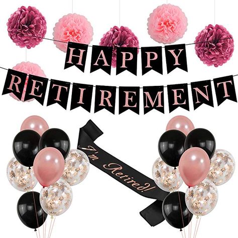 Amazon.com: Retirement Party Decorations for Women| Rose Gold HAPPY RETIREMENT Banner Bunting, I’m Retired Sash,Tissue Paper Cute Pom Poms,Black and Rose Gold Balloons Retirement Decoration Supplies |Ideal Retirement Gifts for Women: Toys & Games Retirement Party Decorations For Women, Retirement Decor, Happy Retirement Banner, Retirement Banner, Retirement Party Themes, Retirement Decorations, Best Retirement Gifts, Party Decoration Items, Retirement Ideas