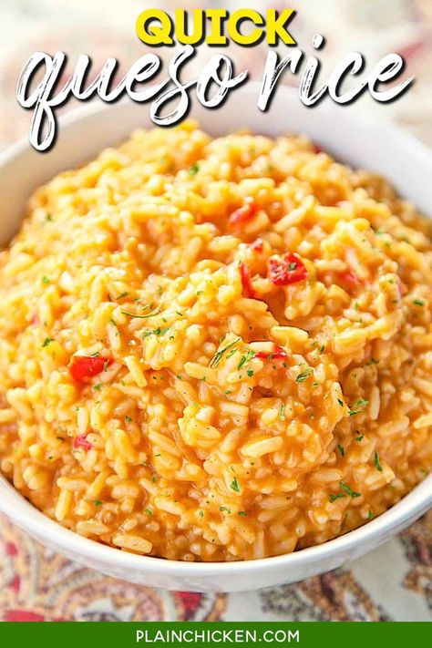 Quick Queso Rice - Plain Chicken Mexican Food Sides, Queso Rice, Quick Queso, Cheesy Mexican Rice, Mexican Side Dish, Mexican Side, Food Sides, Rice Side Dish Recipes, Cheesy Rice