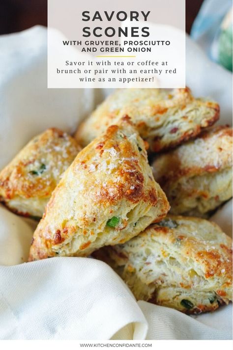 A recipe for Savory Scones with Gruyere, Prosciutto and Green Onion. Savor it with tea or coffee at brunch or pair with an earthy red wine as an appetizer. Buttermilk keeps these flavorful, cheesy scones moist; get this versatile recipe today!   #scones #savory #buttermilk #cheese Green Onions Recipes, Scones Recipe Easy, Scones Easy, Savory Cheese, Savory Scones, Onion Recipes, Green Onion, Scone Recipe, Tea Or Coffee