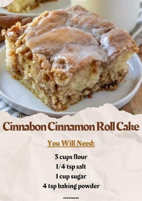 Oh my gosh...this recipe is the bomb! If you do not want to spend time on making cinnamon rolls the traditional way then this recipe is for you!

Ingredients
3 cups flour
1/4 tsp salt
1 cup sugar
4 tsp baking powder
1 1/2 cups milk
2 eggs
2 tsp vanilla
4 tablespoons butter, melted
1 cup unsalted butter, softened equivalent to 2 sticks
1 cup brown sugar
1 tablespoon ground cinnamon
2/3 cup nuts optional, such as walnuts or pecans
Glaze:

2 cups powdered sugar
45 tablespoons milk
1 teaspoon vanill Cinnabon Cinnamon Roll Cake, Making Cinnamon Rolls, Holiday Deserts, Cajun Recipes Authentic, Crumb Coffee Cakes, Cheese Bars, Cinnabon Cinnamon Rolls, Cinnamon Roll Cake, Easy Baking Recipes Desserts