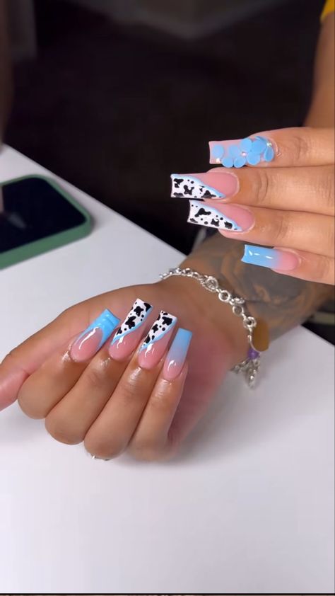 Blue Cow Print, Cow Print Nails, Acrylic Nail Designs Coffin, Nail Aesthetic, Classy Nail, Gel Toe Nails, 2024 Nails, Cow Nails, Acrylic Toe Nails