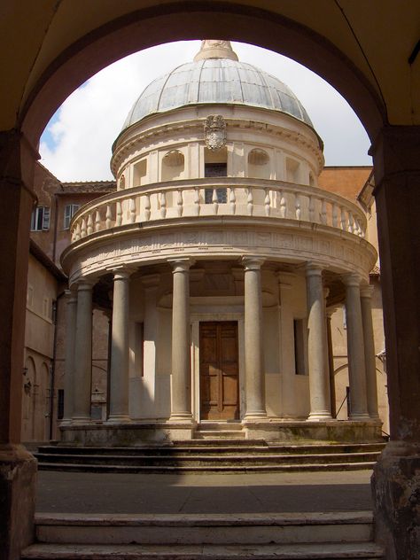 Tempietto, San Pietro in Montorio, Rome, 1502. Bramante employed his knowledge of perspective and volume to create a harmonious building. Selio in his treatise shows the plan of Bramante's whole project, inculding redesign of the surrounding courtyard, which never emplimented. Bramante Tempietto, Raphael Paintings, Roman Arch, Landscape References, Roman House, Arch Ideas, Chief Architect, Greek Philosophers, Roman Architecture