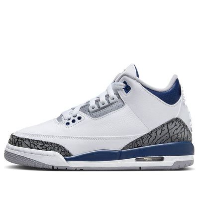 The Air Jordan 3 Retro 'Midnight Navy' (GS) pays homage to the classic 'White Cement' with a navy and white color scheme. Featuring a white leather base, elephant print overlays, and cement gray accents, these grade school kicks offer a timeless look. The iconic Jumpman logo and visible Air unit complete the design, making them a must-have for young sneaker enthusiasts. Jordans For Men Sneakers, Jordan 3 Navy Blue, Shoes To Get For Your Birthday, Midnight Blue Shoes, Jordan 3 Midnight Navy Outfit, Midnight Navy 3s Outfit, Jordan 3s Blue, 3s Jordans, Navy Blue Jordans