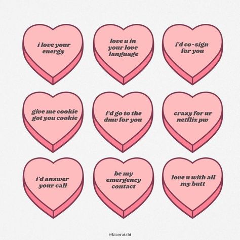 KIA | CREATOR & SELF-LOVE & LIFE COACH on Instagram: "some valentine conversation heart or cookie ideas for that special lil boo in your life 🥰 which one would you give 😂💝 #newgirlquotes #newgirl #valentinesideas #valentinescookies #valentines2023 #valentinesmemes #valentinesdaygift #canvacreator #canvacreate #pnwcreatives" Funny Conversation Hearts, Valentines Memes, New Girl Quotes, Funny Conversations, Motherhood Funny, Funny Cartoon Gifs, Converse With Heart, Funny Cartoon, Sign I